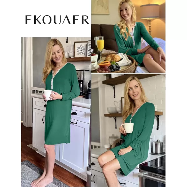 Ekouaer Womens Nightshirt Long Sleeve Button Down Nightgown VNeck Sleepwear Casual Pajama DressGreen