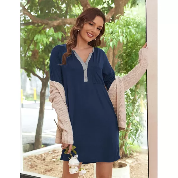 Ekouaer Womens Nightshirt Long Sleeve Button Down Nightgown VNeck Sleepwear Casual Pajama DressNavy Blue