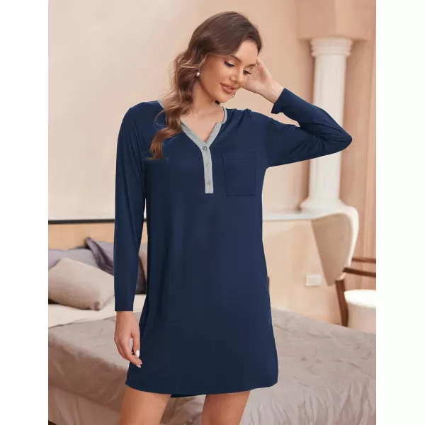 Ekouaer Womens Nightshirt Long Sleeve Button Down Nightgown VNeck Sleepwear Casual Pajama DressNavy Blue