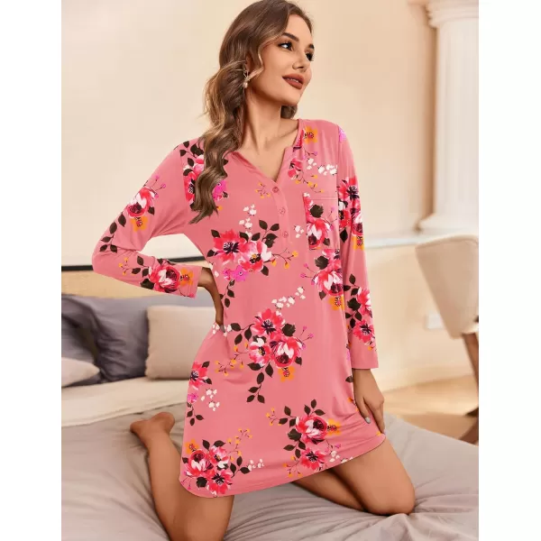 Ekouaer Womens Nightshirt Long Sleeve Button Down Nightgown VNeck Sleepwear Casual Pajama DressPink Flower 9