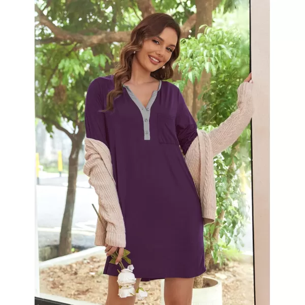 Ekouaer Womens Nightshirt Long Sleeve Button Down Nightgown VNeck Sleepwear Casual Pajama DressPurple