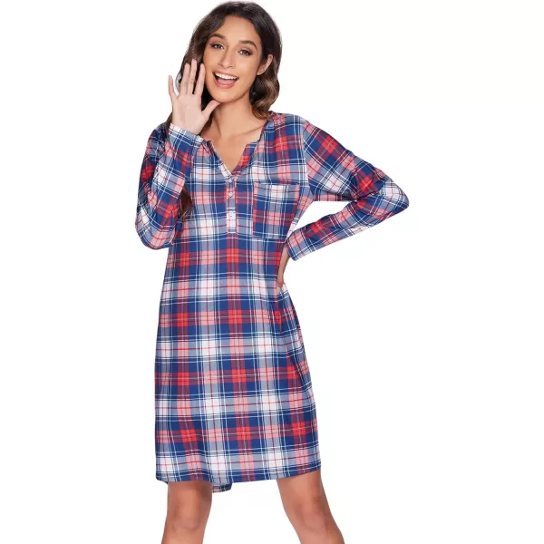 Ekouaer Womens Nightshirt Long Sleeve Button Down Nightgown VNeck Sleepwear Casual Pajama DressRed Plaid 5