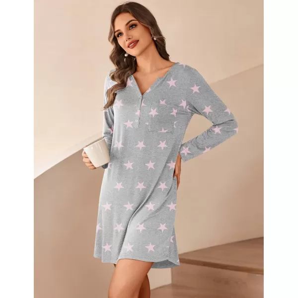 Ekouaer Womens Nightshirt Long Sleeve Button Down Nightgown VNeck Sleepwear Casual Pajama DressStars 6