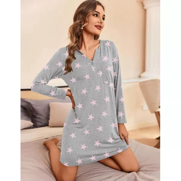 Ekouaer Womens Nightshirt Long Sleeve Button Down Nightgown VNeck Sleepwear Casual Pajama DressStars 6