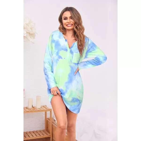 Ekouaer Womens Nightshirt Long Sleeve Button Down Nightgown VNeck Sleepwear Casual Pajama DressTie Dye 1