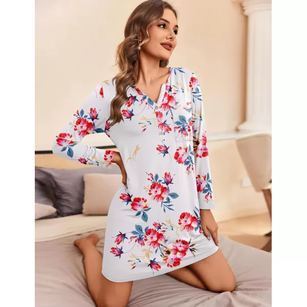 Ekouaer Womens Nightshirt Long Sleeve Button Down Nightgown VNeck Sleepwear Casual Pajama DressWhite Flower 8