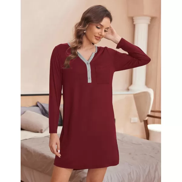 Ekouaer Womens Nightshirt Long Sleeve Button Down Nightgown VNeck Sleepwear Casual Pajama DressWine Red