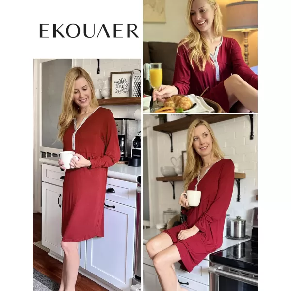 Ekouaer Womens Nightshirt Long Sleeve Button Down Nightgown VNeck Sleepwear Casual Pajama DressWine Red