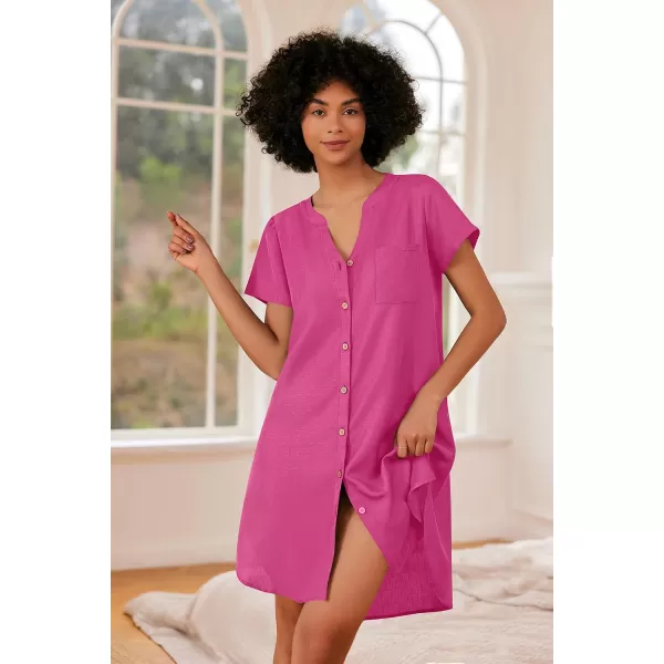 Ekouaer Womens Nightshirt Short Sleeve Button Down Nightgown VNeck Loungewear Pajama Dress SXXLHot Pink