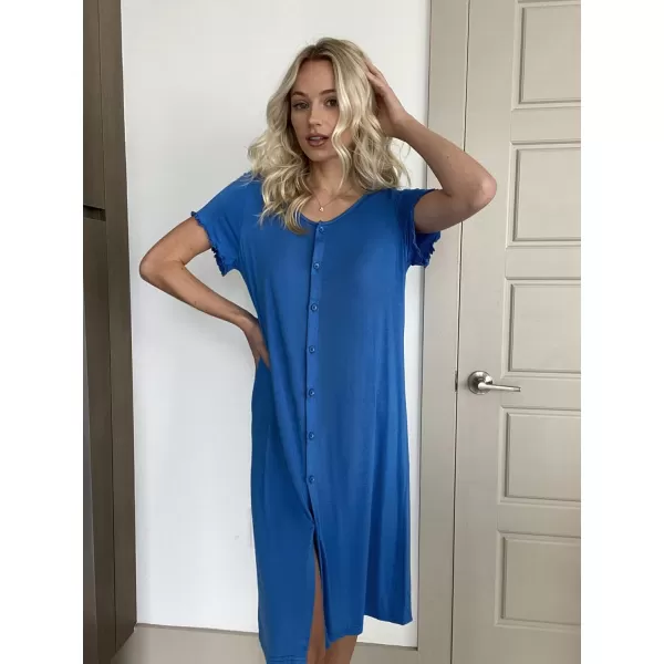 Ekouaer Womens Nightshirt Short Sleeve Button Down Nightgown VNeck Sleepwear Pajama DressAblue