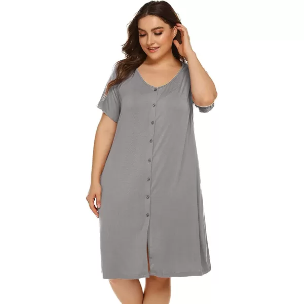 Ekouaer Womens Nightshirt Short Sleeve Button Down Nightgown VNeck Sleepwear Pajama DressAgrey