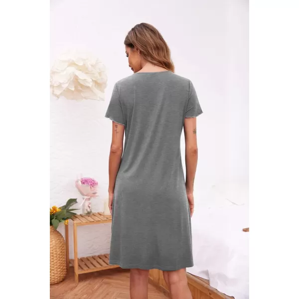 Ekouaer Womens Nightshirt Short Sleeve Button Down Nightgown VNeck Sleepwear Pajama DressAgrey