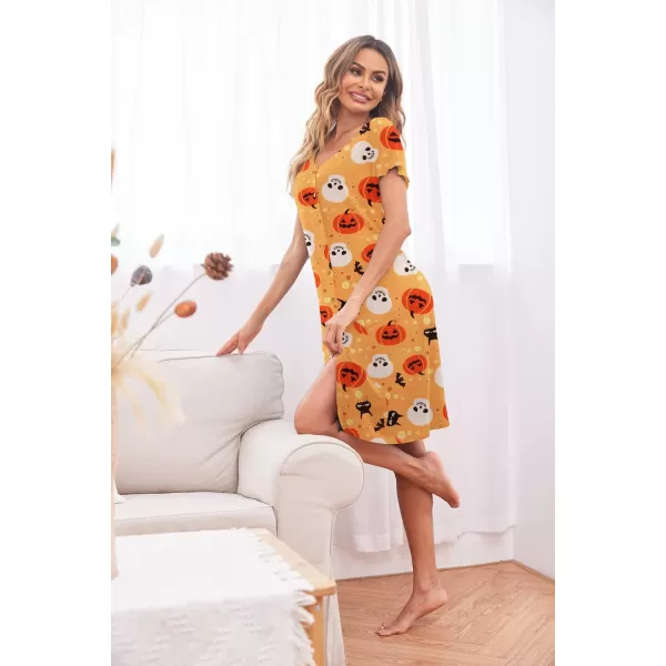 Ekouaer Womens Nightshirt Short Sleeve Button Down Nightgown VNeck Sleepwear Pajama DressApat2 Yellow Print