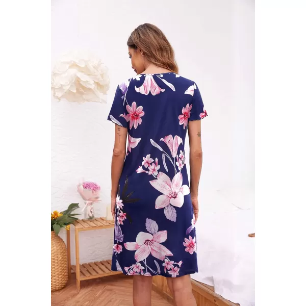 Ekouaer Womens Nightshirt Short Sleeve Button Down Nightgown VNeck Sleepwear Pajama DressApat20 Navy Flower