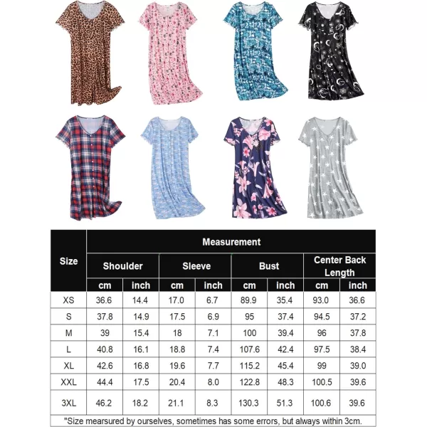 Ekouaer Womens Nightshirt Short Sleeve Button Down Nightgown VNeck Sleepwear Pajama DressApat22 Blue Leaves