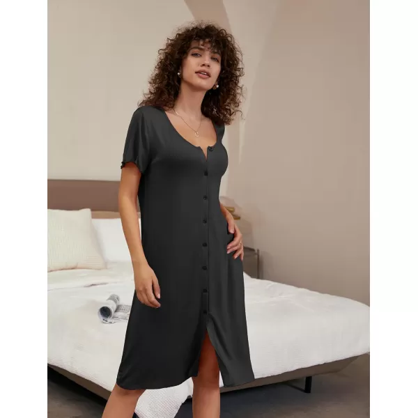 Ekouaer Womens Nightshirt Short Sleeve Button Down Nightgown VNeck Sleepwear Pajama DressBlack