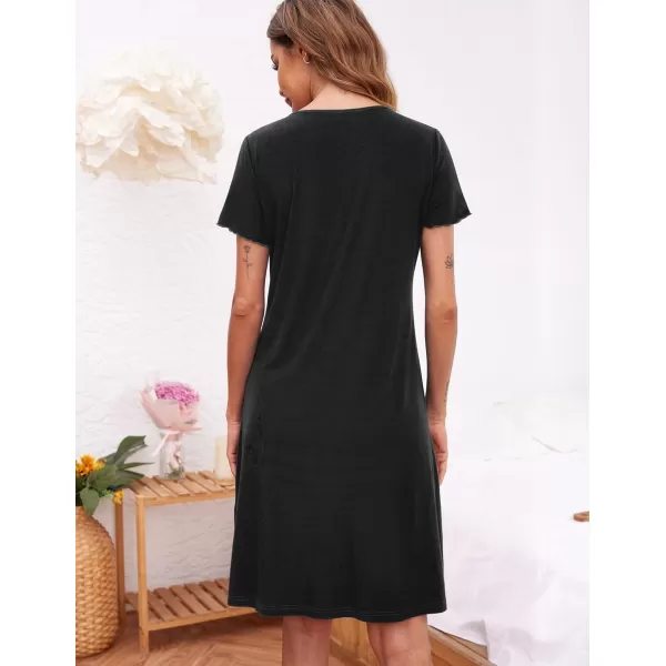 Ekouaer Womens Nightshirt Short Sleeve Button Down Nightgown VNeck Sleepwear Pajama DressBlack