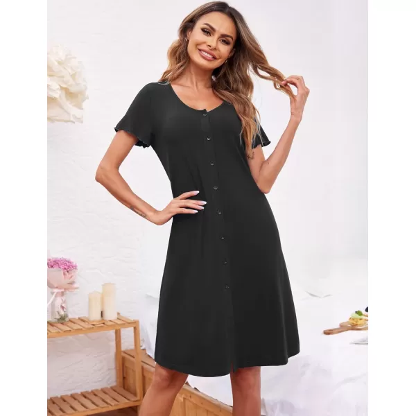 Ekouaer Womens Nightshirt Short Sleeve Button Down Nightgown VNeck Sleepwear Pajama DressBlack