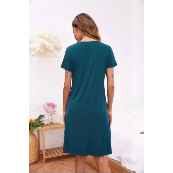 Ekouaer Womens Nightshirt Short Sleeve Button Down Nightgown VNeck Sleepwear Pajama DressBlue Green
