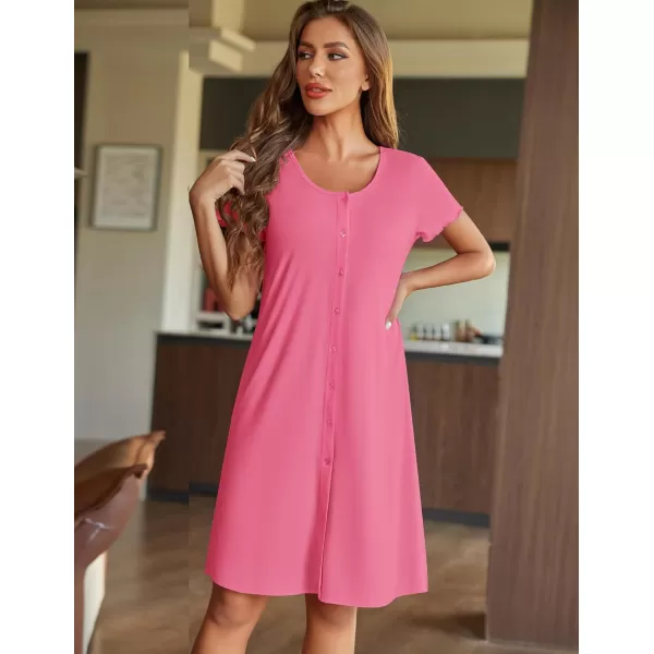 Ekouaer Womens Nightshirt Short Sleeve Button Down Nightgown VNeck Sleepwear Pajama DressDark Pink