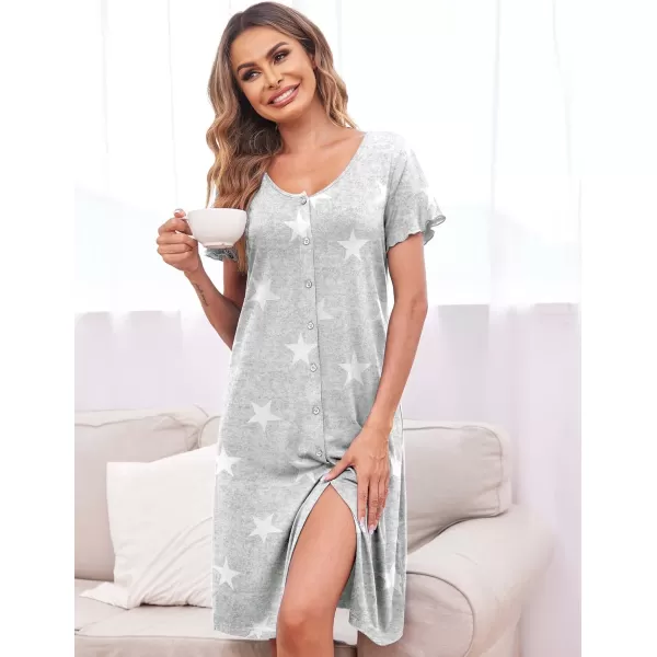 Ekouaer Womens Nightshirt Short Sleeve Button Down Nightgown VNeck Sleepwear Pajama DressGrey Star