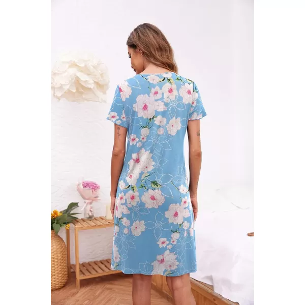 Ekouaer Womens Nightshirt Short Sleeve Button Down Nightgown VNeck Sleepwear Pajama DressLight Blue Floral