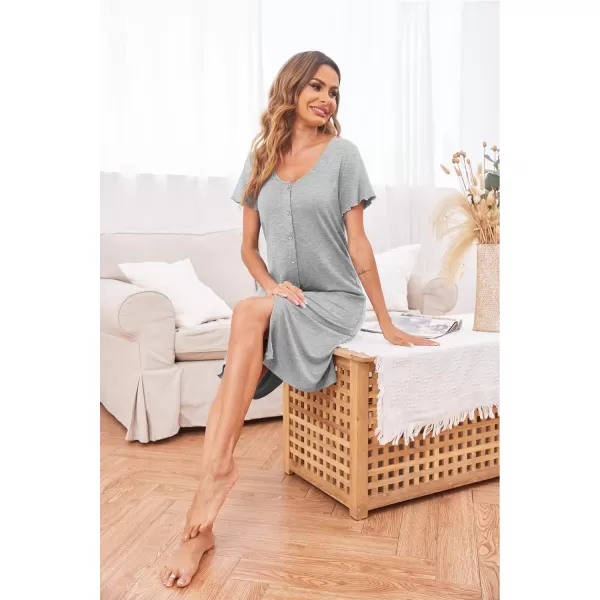 Ekouaer Womens Nightshirt Short Sleeve Button Down Nightgown VNeck Sleepwear Pajama DressLight Grey