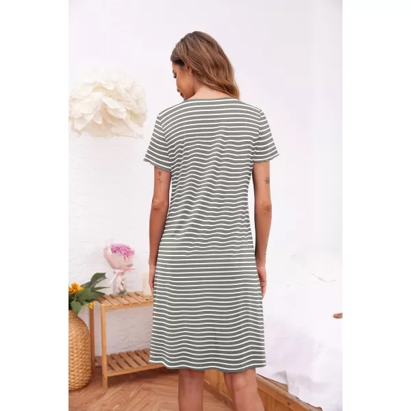 Ekouaer Womens Nightshirt Short Sleeve Button Down Nightgown VNeck Sleepwear Pajama DressLight Grey Striped