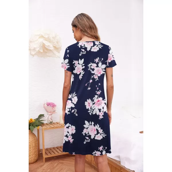 Ekouaer Womens Nightshirt Short Sleeve Button Down Nightgown VNeck Sleepwear Pajama DressNavy Big Flower