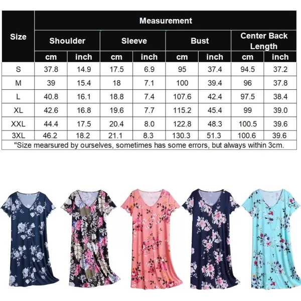 Ekouaer Womens Nightshirt Short Sleeve Button Down Nightgown VNeck Sleepwear Pajama DressNavy Big Flower