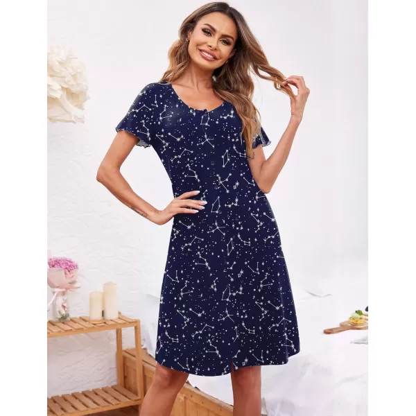 Ekouaer Womens Nightshirt Short Sleeve Button Down Nightgown VNeck Sleepwear Pajama DressNavy Blue Stars