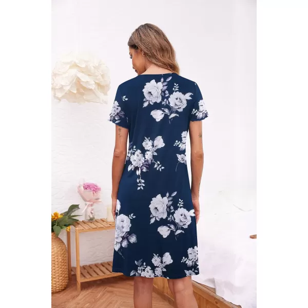 Ekouaer Womens Nightshirt Short Sleeve Button Down Nightgown VNeck Sleepwear Pajama DressNavy Floral