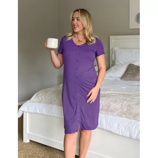 Ekouaer Womens Nightshirt Short Sleeve Button Down Nightgown VNeck Sleepwear Pajama DressPurple