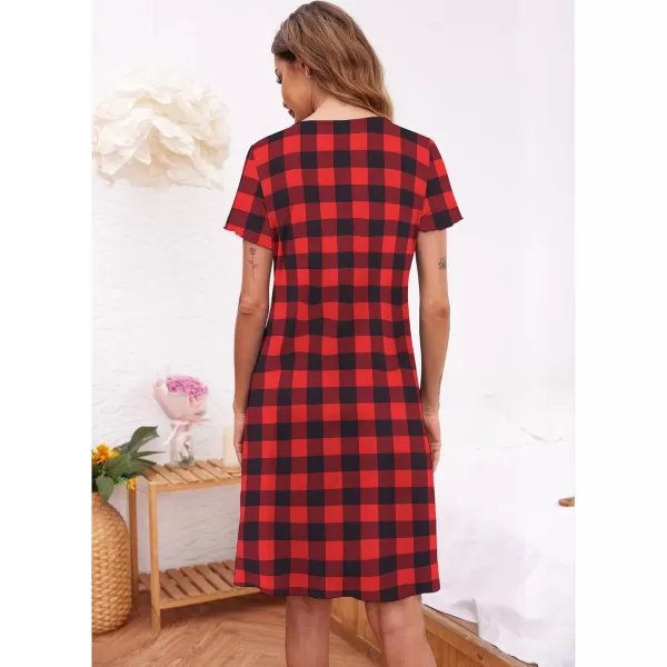 Ekouaer Womens Nightshirt Short Sleeve Button Down Nightgown VNeck Sleepwear Pajama DressRed Plaid