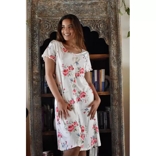 Ekouaer Womens Nightshirt Short Sleeve Button Down Nightgown VNeck Sleepwear Pajama DressWhite Floral