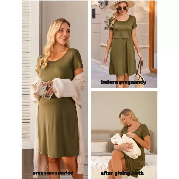 Ekouaer Womens Nursing Dress Summer Short Sleeve Patchwork Maternity Breastfeeding Knee Length DressArmy Green