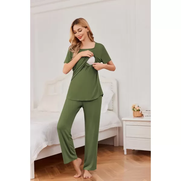 Ekouaer Womens Nursing Pajamas Maternity Pajama Postpartum PJS Breastfeeding Short Sleeve Top amp Pants Sets with PocketsAarmy Green