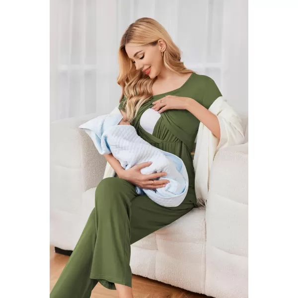 Ekouaer Womens Nursing Pajamas Maternity Pajama Postpartum PJS Breastfeeding Short Sleeve Top amp Pants Sets with PocketsAarmy Green