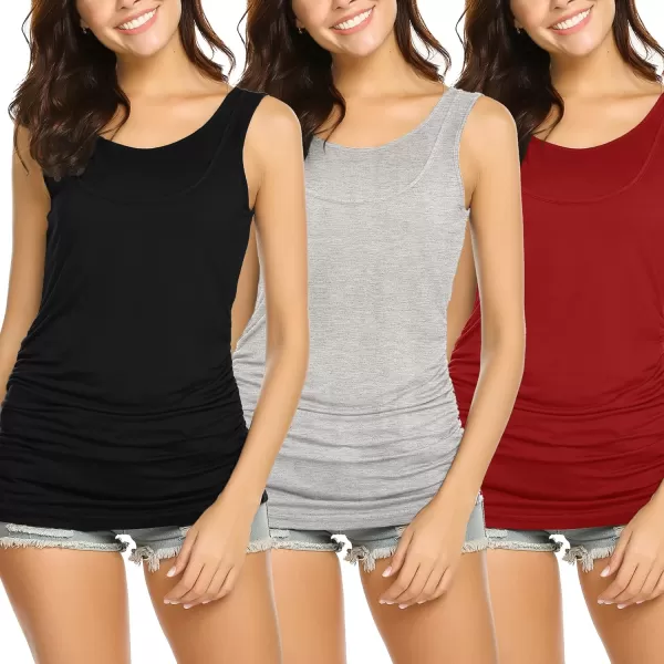 Ekouaer Womens Nursing Tank Tops 3 Pack Double Layer Breastfeeding Tank Sleeveless Side Ruched Postpartum Tops3pcs Black  Light Gray  Wine Red