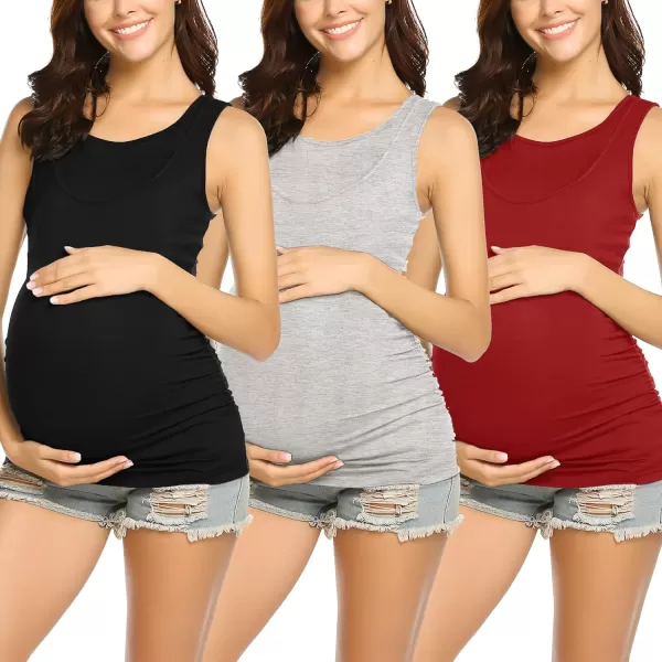 Ekouaer Womens Nursing Tank Tops 3 Pack Double Layer Breastfeeding Tank Sleeveless Side Ruched Postpartum Tops3pcs Black  Light Gray  Wine Red