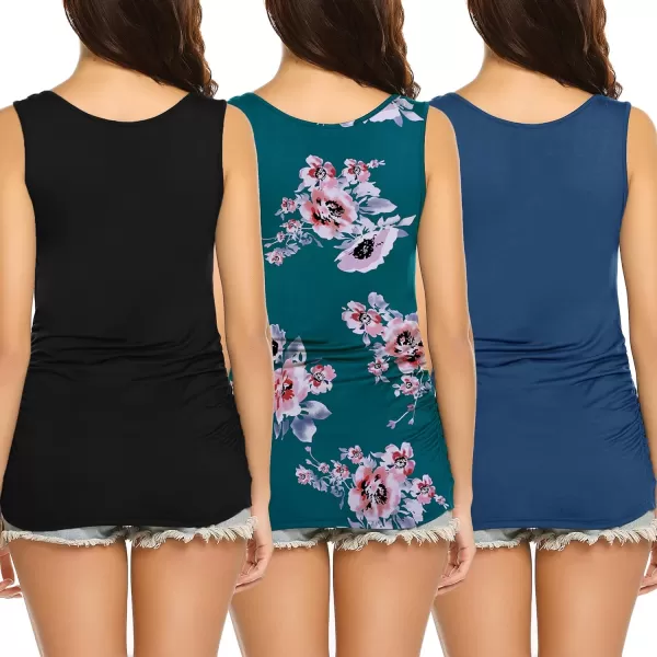 Ekouaer Womens Nursing Tank Tops 3 Pack Double Layer Breastfeeding Tank Sleeveless Side Ruched Postpartum Tops3pcs Blackdark Blueprinting