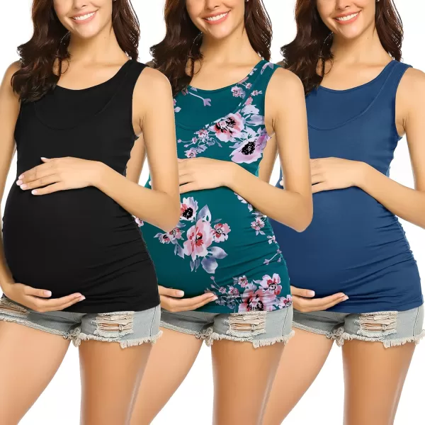 Ekouaer Womens Nursing Tank Tops 3 Pack Double Layer Breastfeeding Tank Sleeveless Side Ruched Postpartum Tops3pcs Blackdark Blueprinting