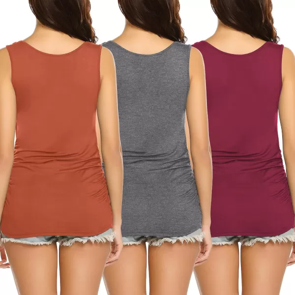 Ekouaer Womens Nursing Tank Tops 3 Pack Double Layer Breastfeeding Tank Sleeveless Side Ruched Postpartum Tops3pcs Orange  Gray  Wine Red