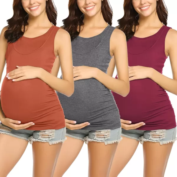 Ekouaer Womens Nursing Tank Tops 3 Pack Double Layer Breastfeeding Tank Sleeveless Side Ruched Postpartum Tops3pcs Orange  Gray  Wine Red