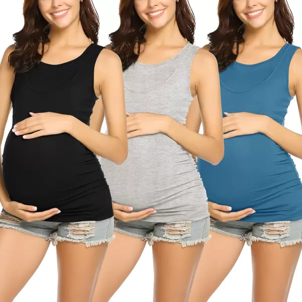 Ekouaer Womens Nursing Tank Tops 3 Pack Double Layer Breastfeeding Tank Sleeveless Side Ruched Postpartum Tops3pcs a Teal  Black  Light Gray