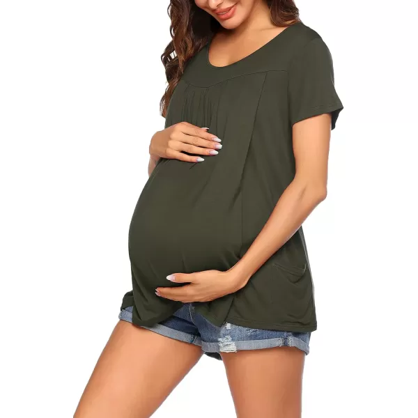 Ekouaer Womens Nursing Top Maternity Shirts for Breastfeeding Soft Double Layer Short Sleeve Pregnancy TShirts with PocketsArmy Green