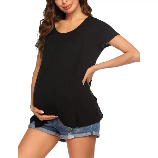 Ekouaer Womens Nursing Top Maternity Shirts for Breastfeeding Soft Double Layer Short Sleeve Pregnancy TShirts with PocketsBlack