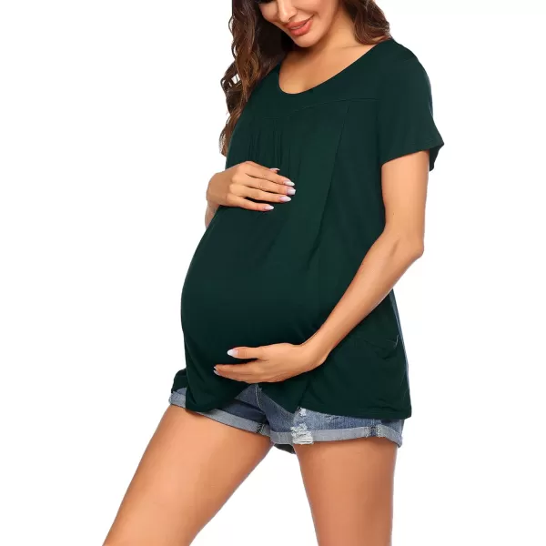 Ekouaer Womens Nursing Top Maternity Shirts for Breastfeeding Soft Double Layer Short Sleeve Pregnancy TShirts with PocketsDark Green