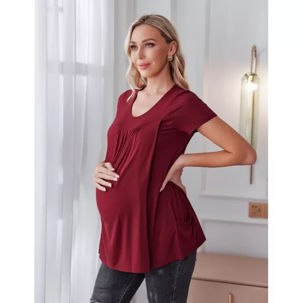 Ekouaer Womens Nursing Top Maternity Shirts for Breastfeeding Soft Double Layer Short Sleeve Pregnancy TShirts with PocketsWine Red