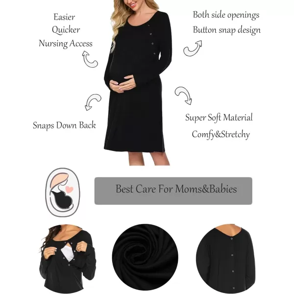 Ekouaer Womens NursingDeliveryLabor Nightgown Long Sleeve Maternity Sleepshirt for Breastfeeding with ButtonBlack